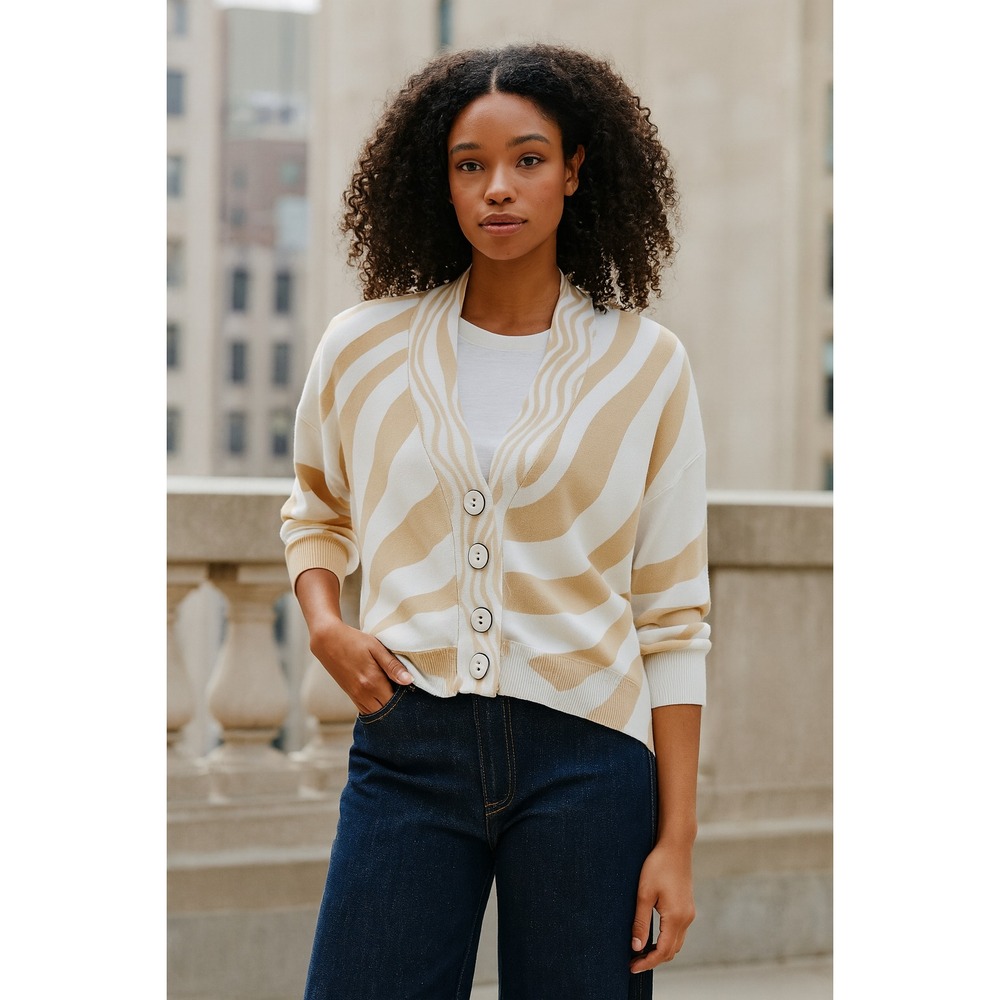 WISPR Tan White Abstract Stripe Silk Sweater Knit Cardigan Preppy Size Medium
